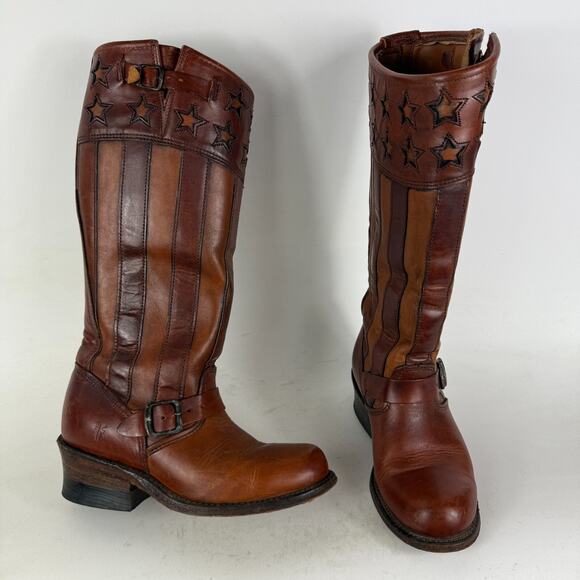 Frye Harness Americana Boots Women's 6 Brown Leather Stars & Strips Knee High - Picture 1 of 10